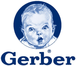 Illustration of a surprised baby's face inside a circle with the Gerber logo below.