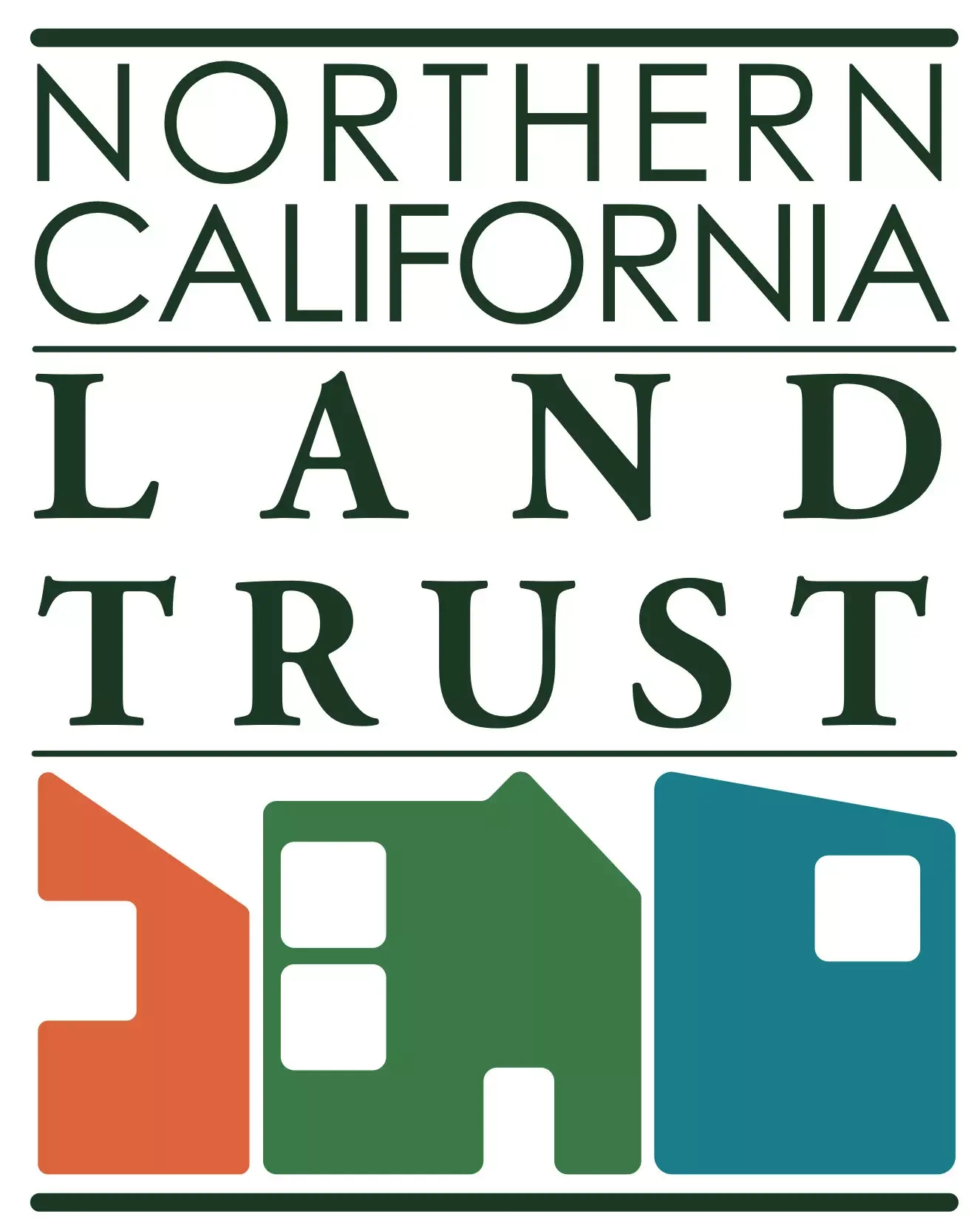 Logo for Northern California Land Trust featuring stylized houses in orange, green, and blue beneath the text.