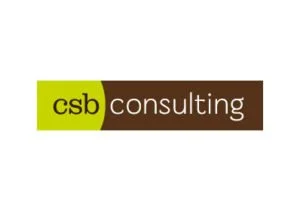 Logo with green and brown blocks reading 'csb consulting'.