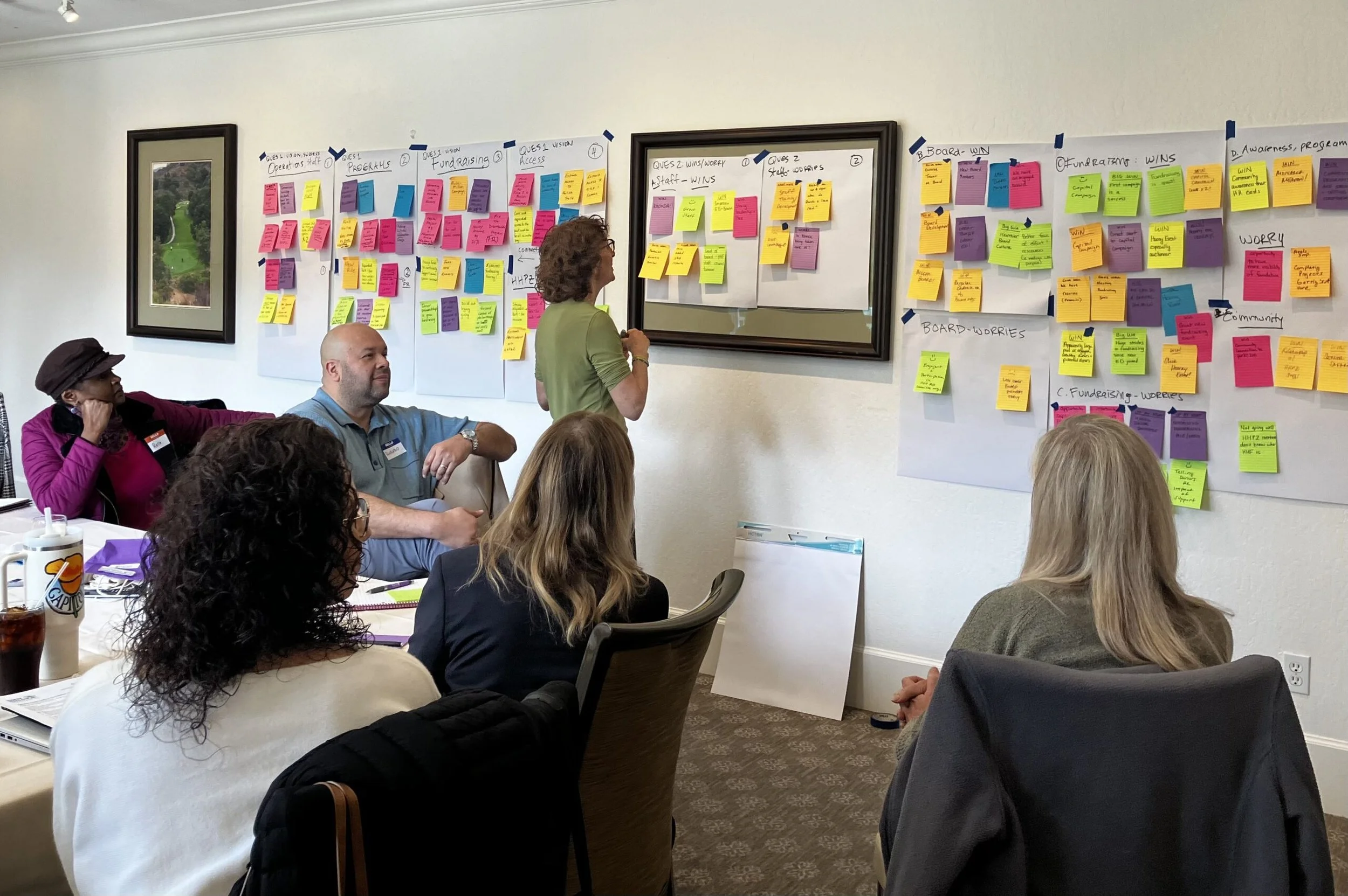 A group of people in a meeting room participating in a workshop, with a woman standing and speaking to the group. The room has large sheets of paper with colorful sticky notes and handwritten notes taped on the wall.