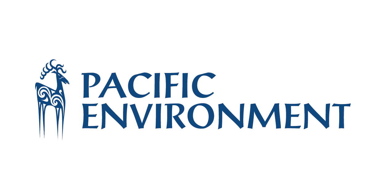 Logo of Pacific Environment featuring a stylized deer or elk illustration and the text 'PACIFIC ENVIRONMENT' in blue.