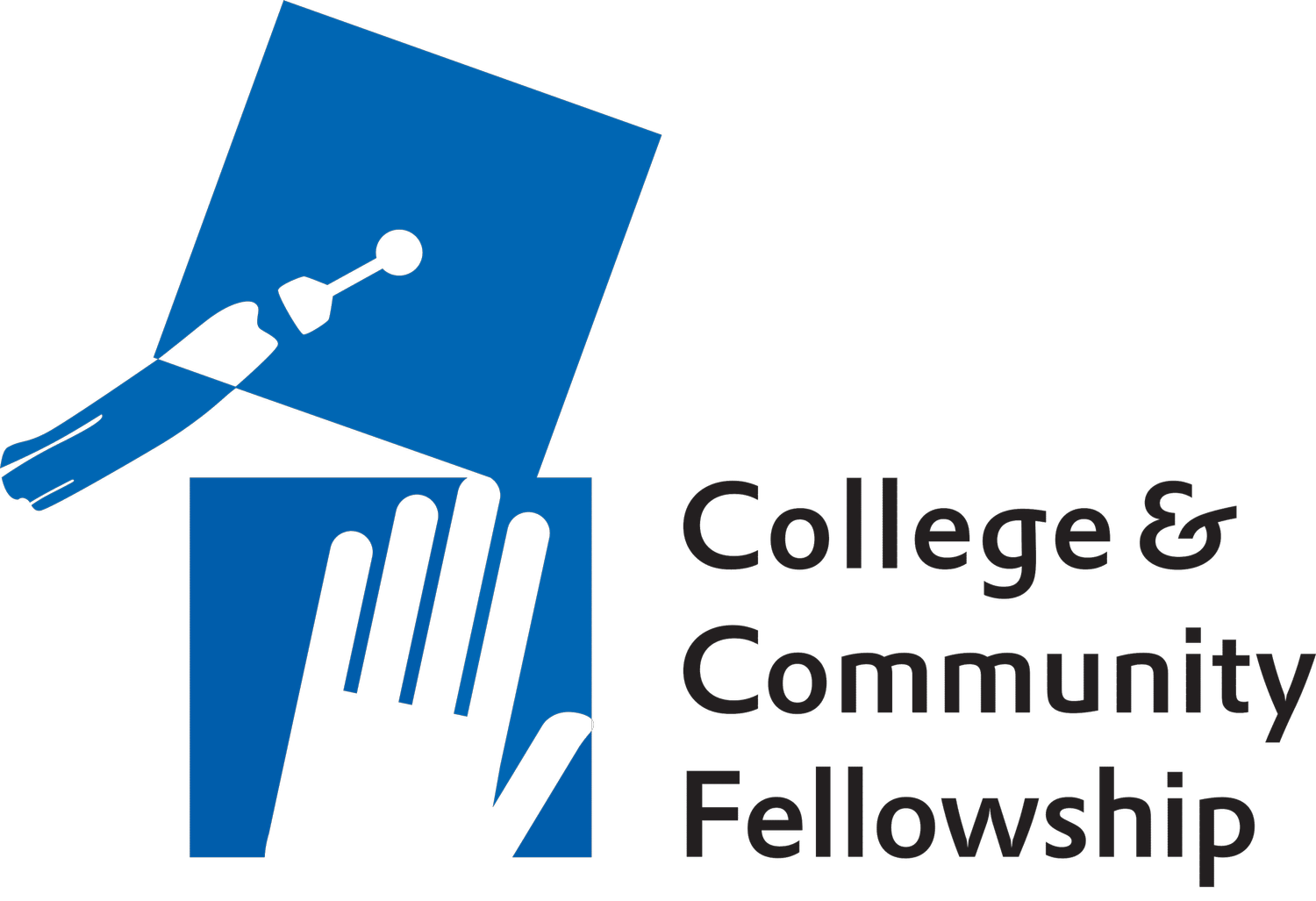 Logo of College & Community Fellowship featuring a stylized blue and black illustration of a hand and a diploma, with the organization's name in black and gray text.