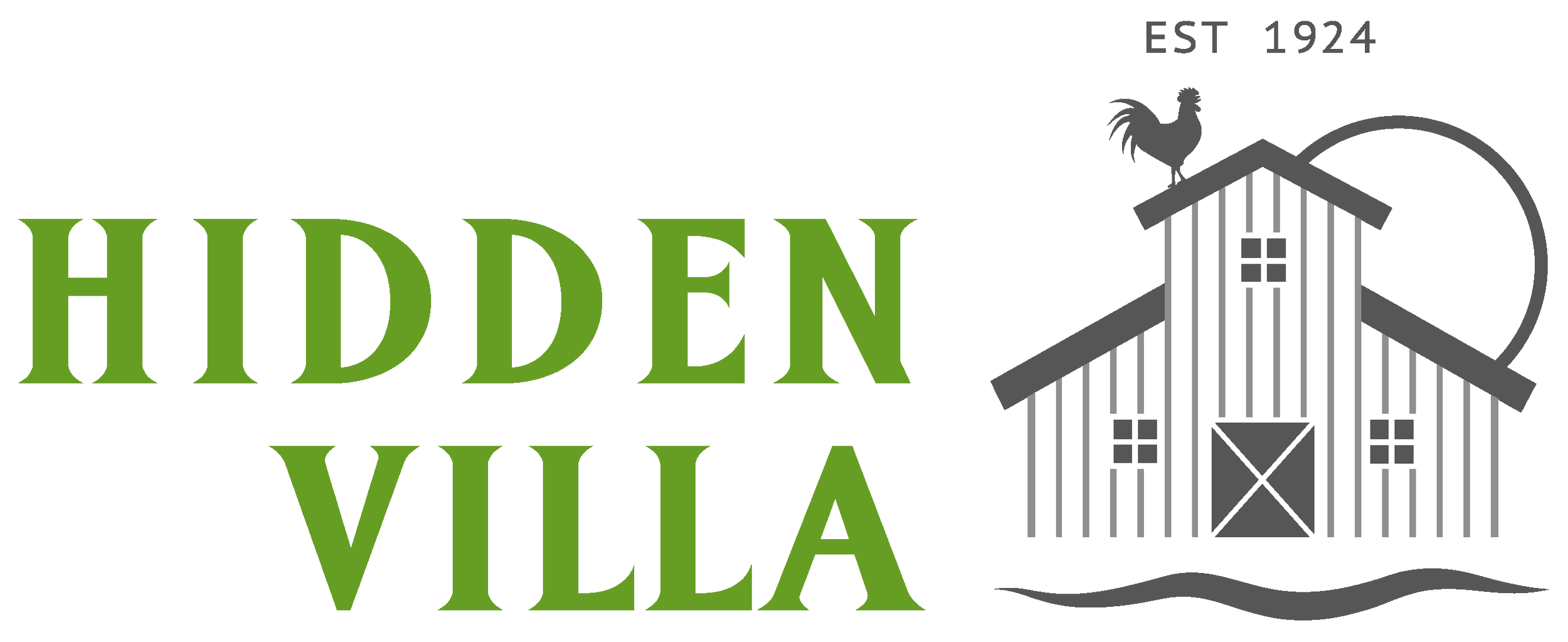 Logo for Hidden Villa featuring the name in green text, a black background, and a gray barn with a rooster on top.
