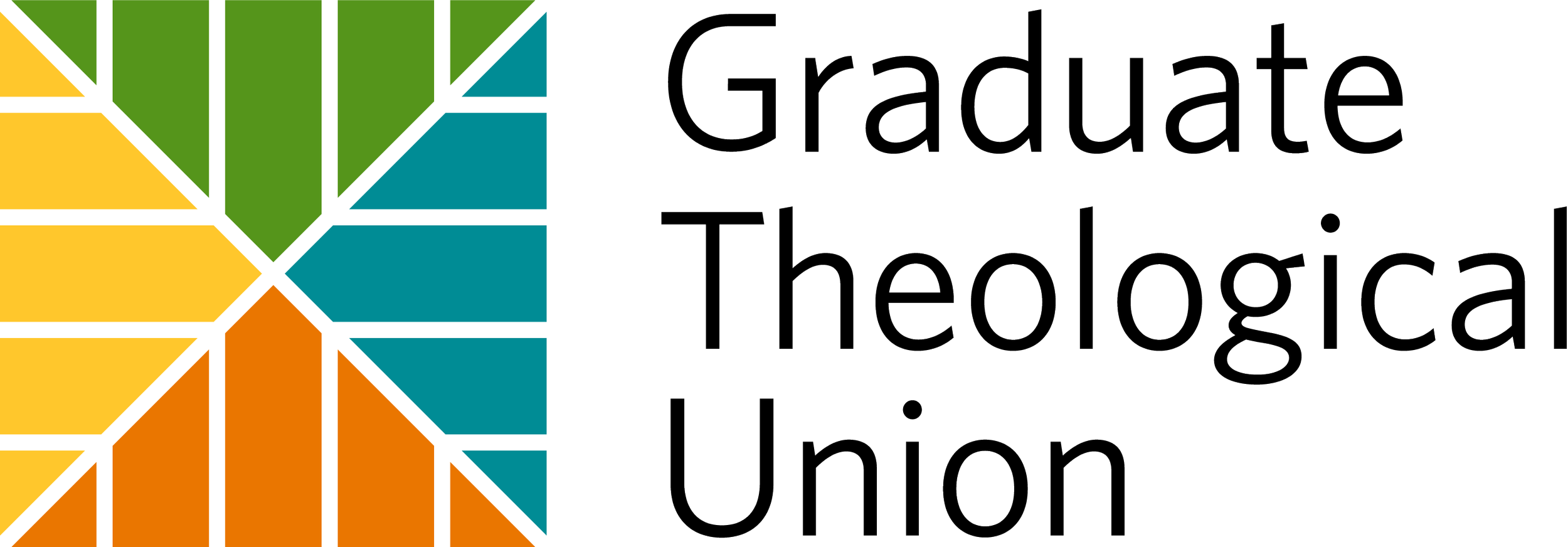 Logo for Graduate Theological Union with a colorful geometric leaf design and black text on a transparent background.