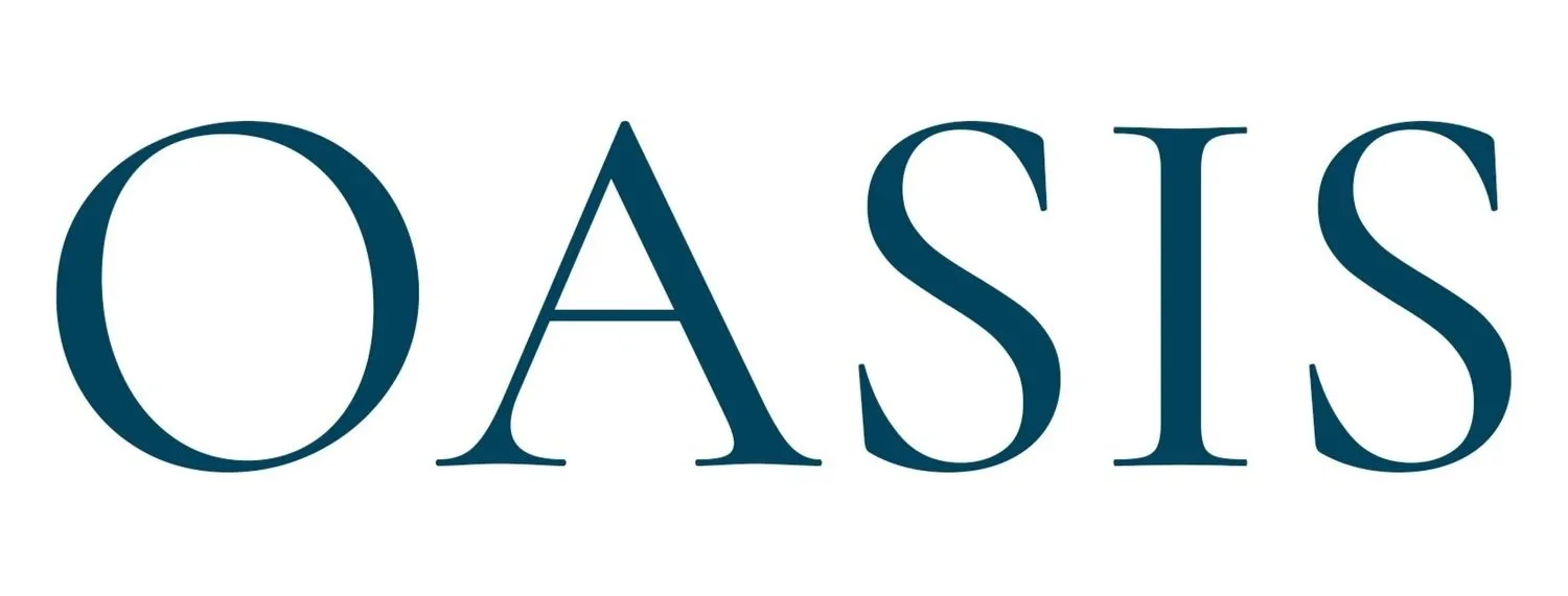 The word 'OASIS' written in large, elegant, dark blue letters on a white background.