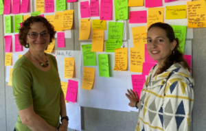 Two women standing in front of a wall covered with colorful sticky notes in green, pink, and yellow.