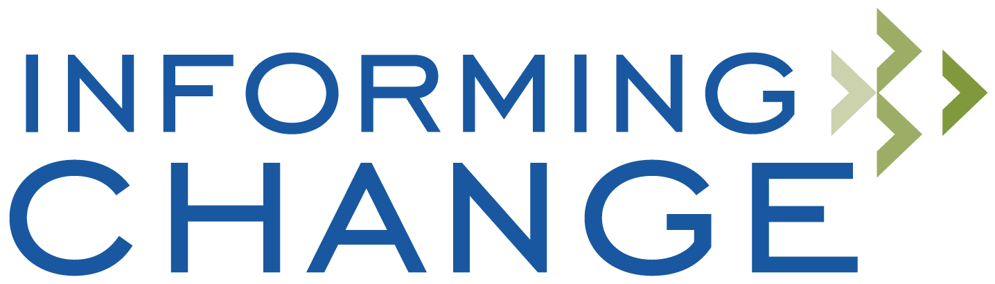 Logo with the words 'Informing Change' in blue, next to three beige and green arrows pointing to the right.