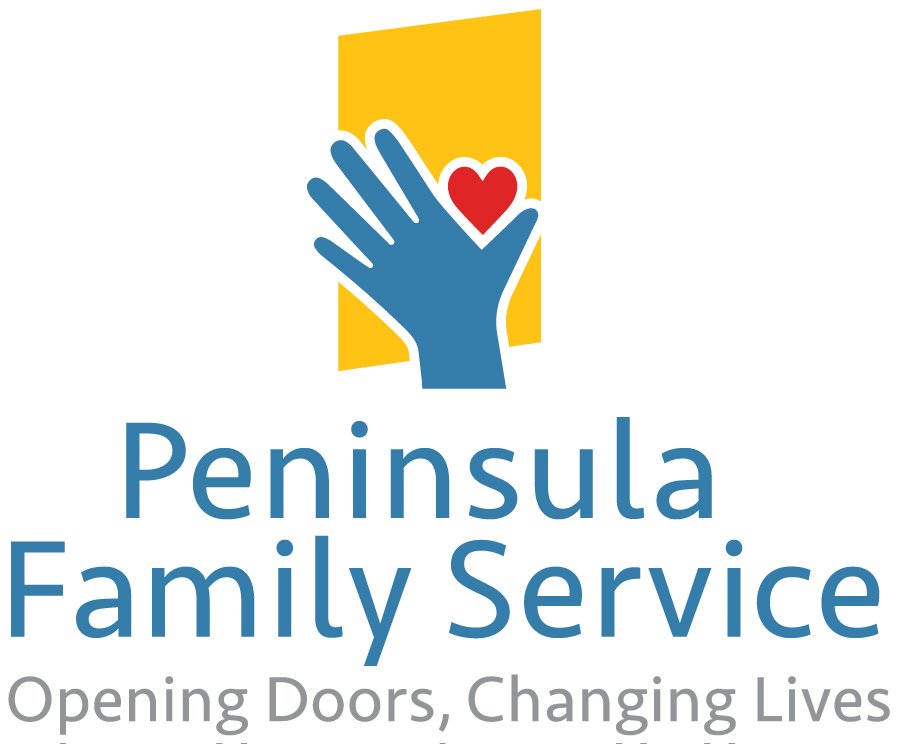 Logo of Peninsula Family Service featuring a blue hand with a red heart above it, set against a yellow rectangle, with the tagline "Opening Doors, Changing Lives" and the organization name in blue text.