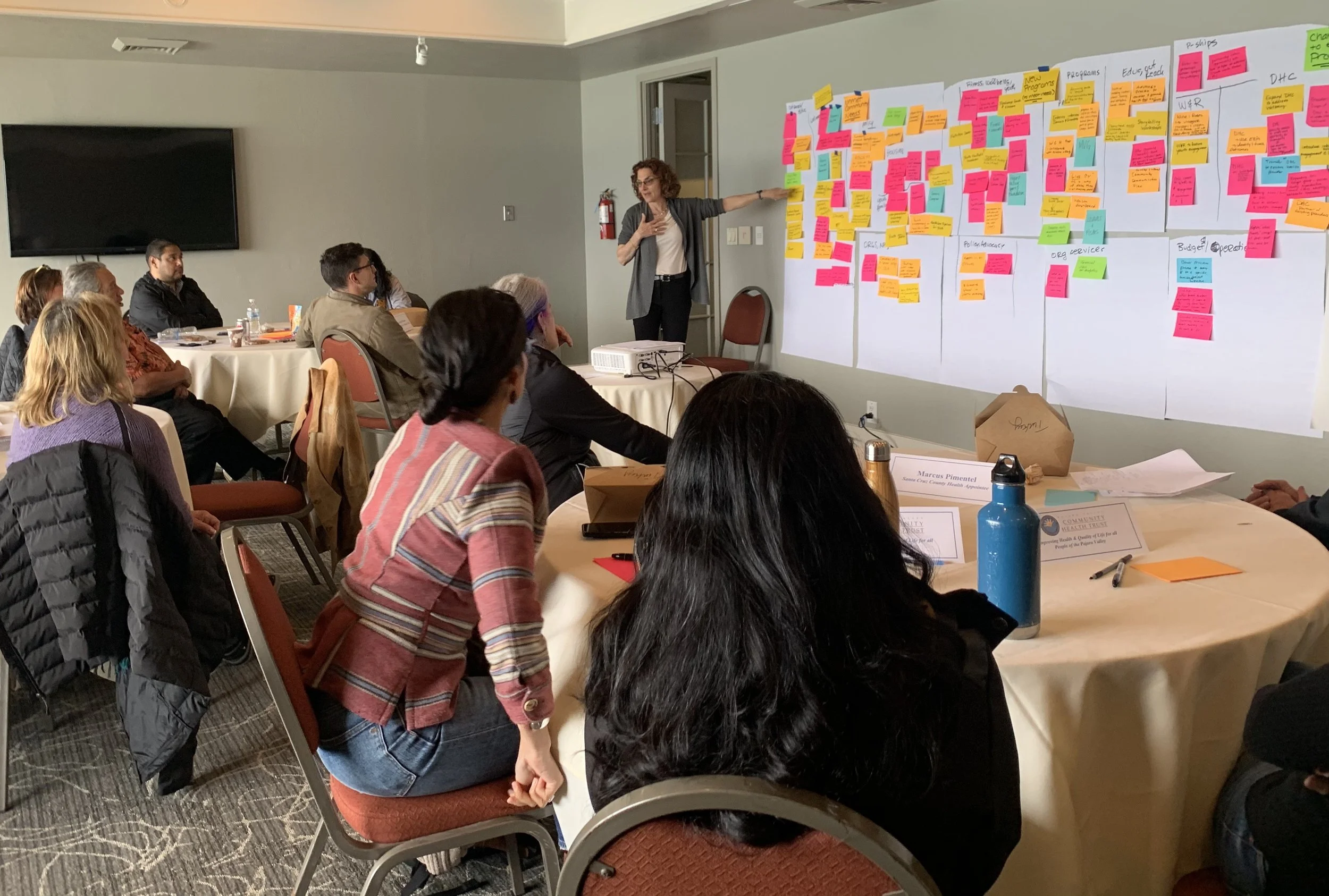 A woman presents to an audience during a workshop or meeting, standing in front of a large wall covered with colorful sticky notes arranged on large sheets of paper. The audience is seated around round tables, attentively listening.