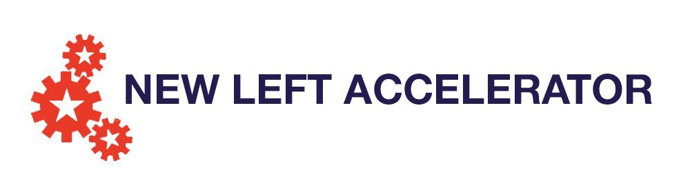Graphic with red gears and the text 'NEW LEFT ACCELERATOR' in bold uppercase letters.
