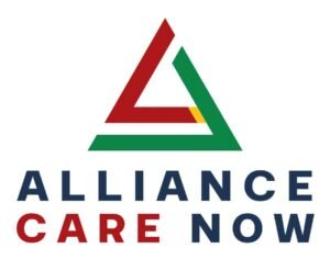 Logo with a stylized triangle in red, green, and white, and text reading 'ALLIANCE CARE NOW' in blue and red.