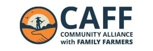 CAFF Community Alliance with Family Farmers logo featuring a farmer with a shovel and a farm landscape