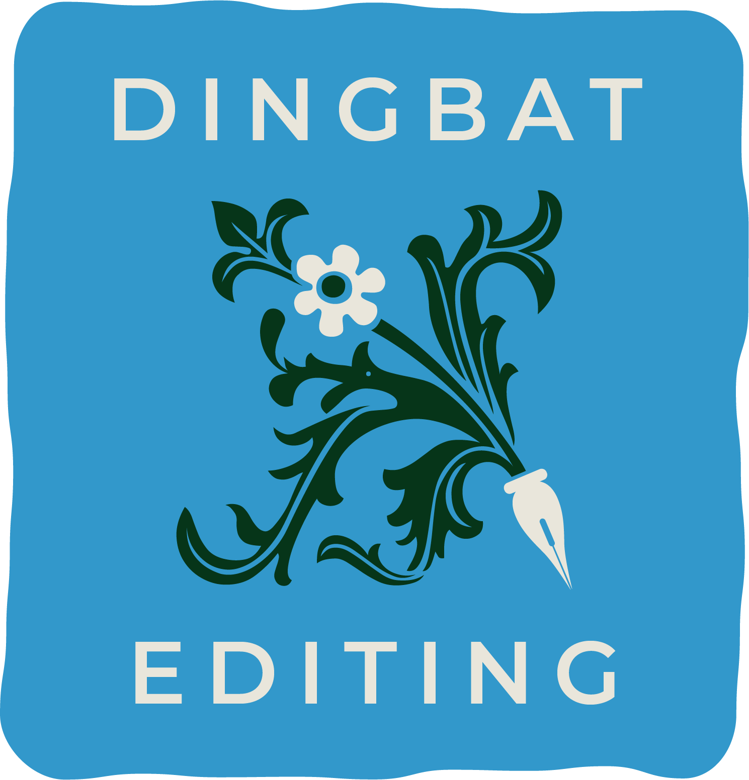 Alternate logo for Dingbat editing, featuring a green pen quill with vines and a flower sprouting from it and the words "Dingbat Editing"