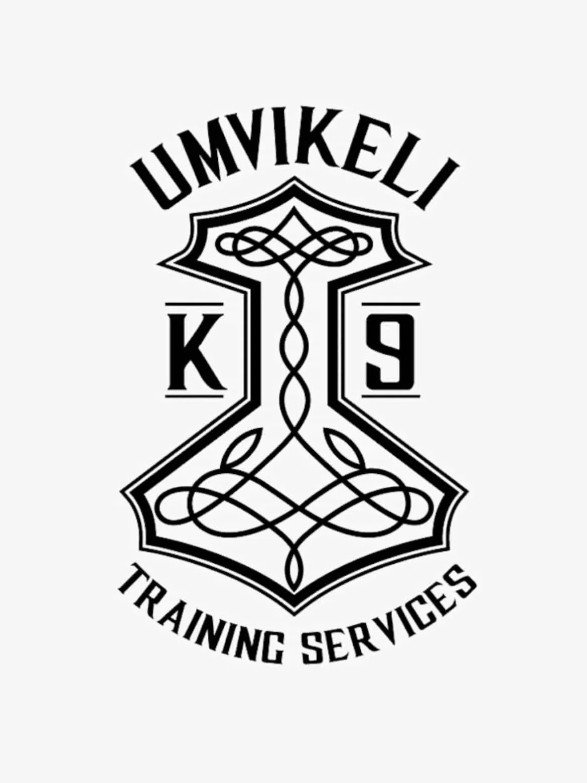 Logo with the text 'Umikeli Training Services', featuring a stylized hammer with tattoos on the handle and decorative entwined lines.