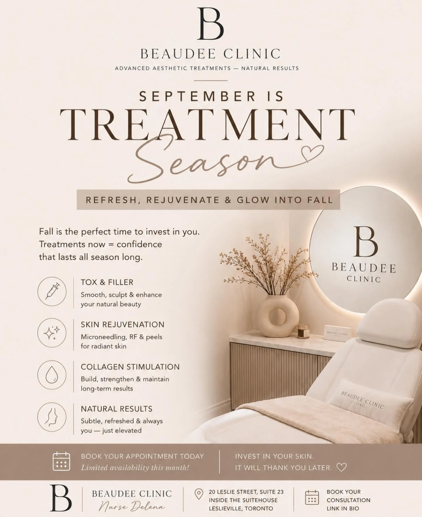 September is treatment season 🍂✨

After a summer of sun, heat, travel and busy schedules, September is the perfect time to get back into your skin routine and start planning treatments for the months ahead.

With less time spent in strong sun and mo