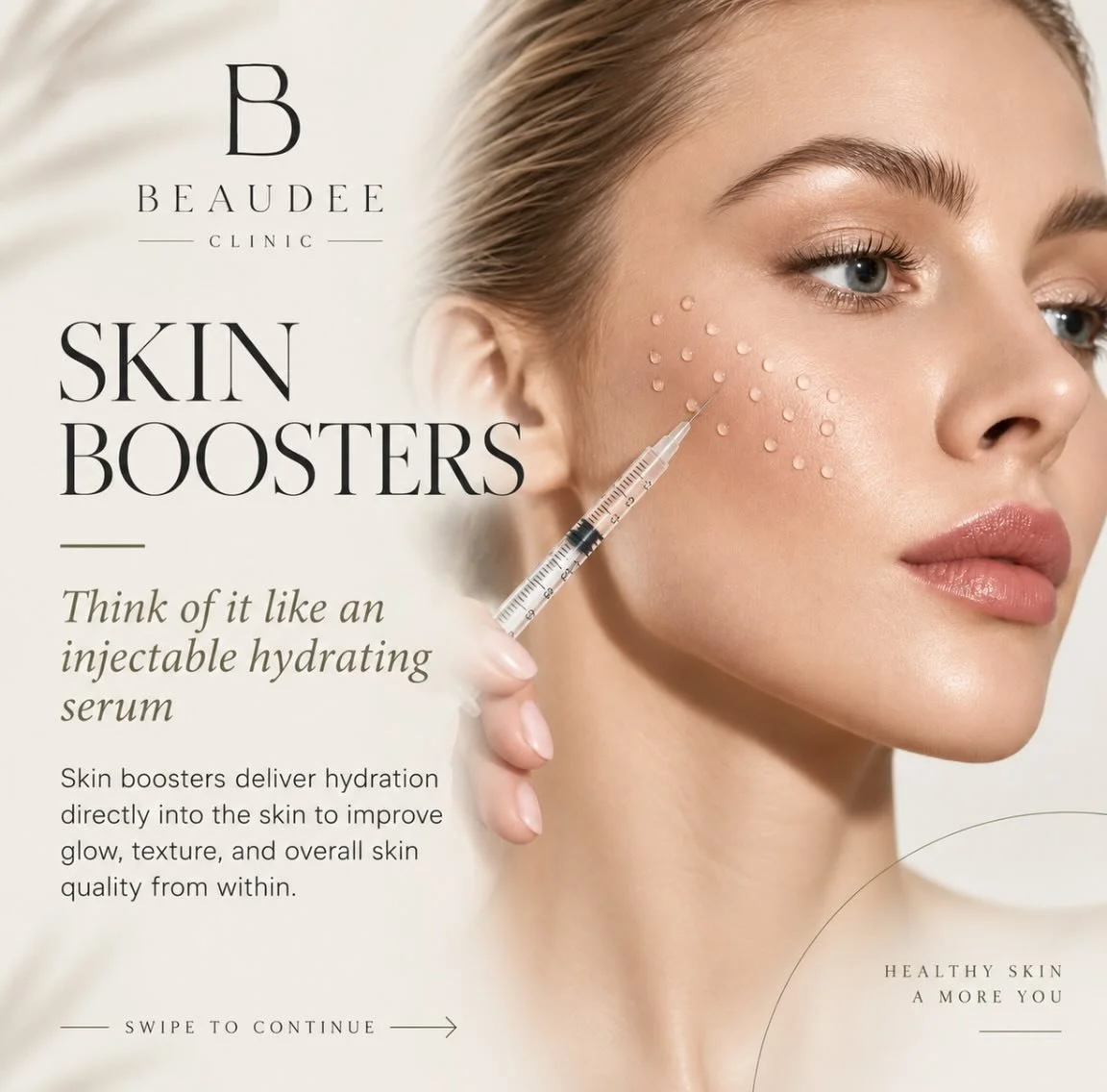 Of course &mdash; here&rsquo;s a clean caption you can use:

Skin Boosters are $100 off this month only ✨

Think of skin boosters like an injectable hydrating serum placed directly into the skin to improve hydration, glow, texture, and overall skin q