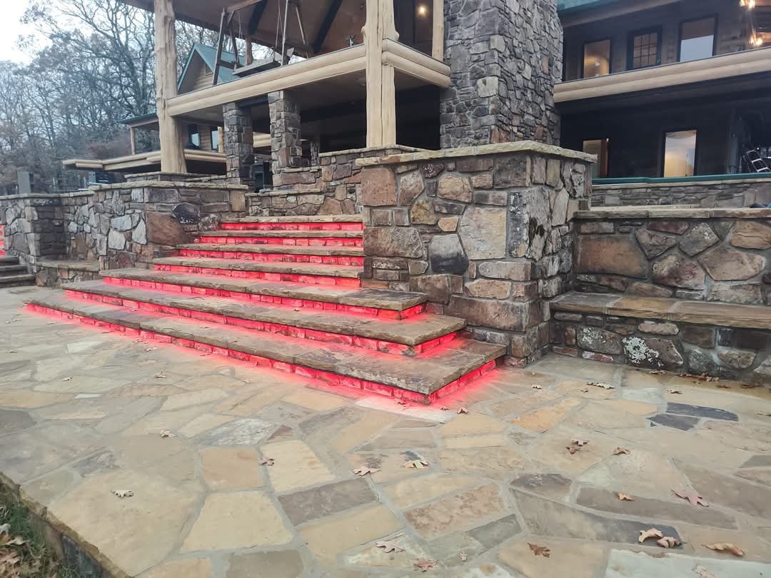 custom stair lighting, rock benches