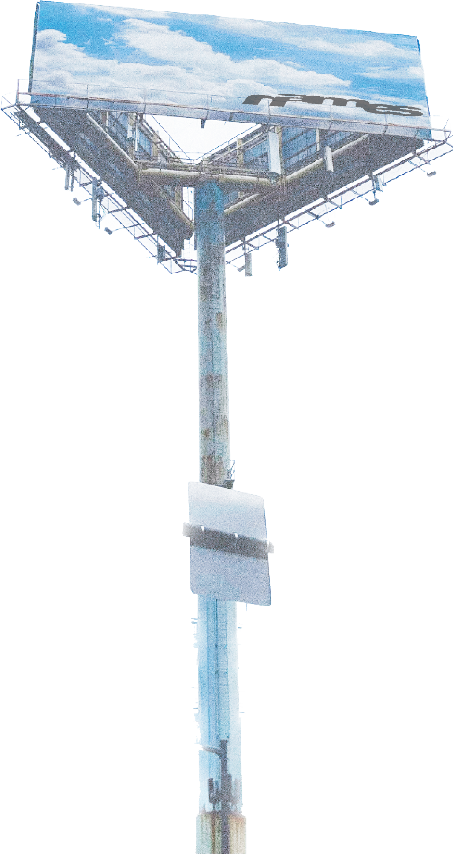 A large billboard sign on a tall pole with a blue sky and clouds in the background. The billboard displays the FTS logo.