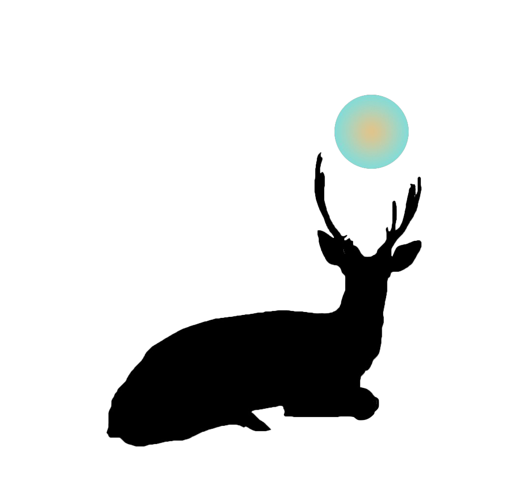 Silhouette of a seated reindeer with large antlers, holding a glowing orb above its head.
