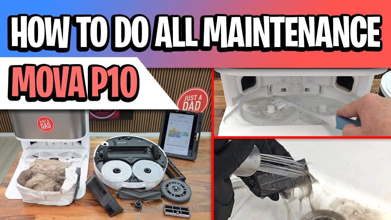 A tutorial on how to perform maintenance on a Mova P10 robotic vacuum cleaner, showing its disassembled parts, cleaning brushes, and internal components.