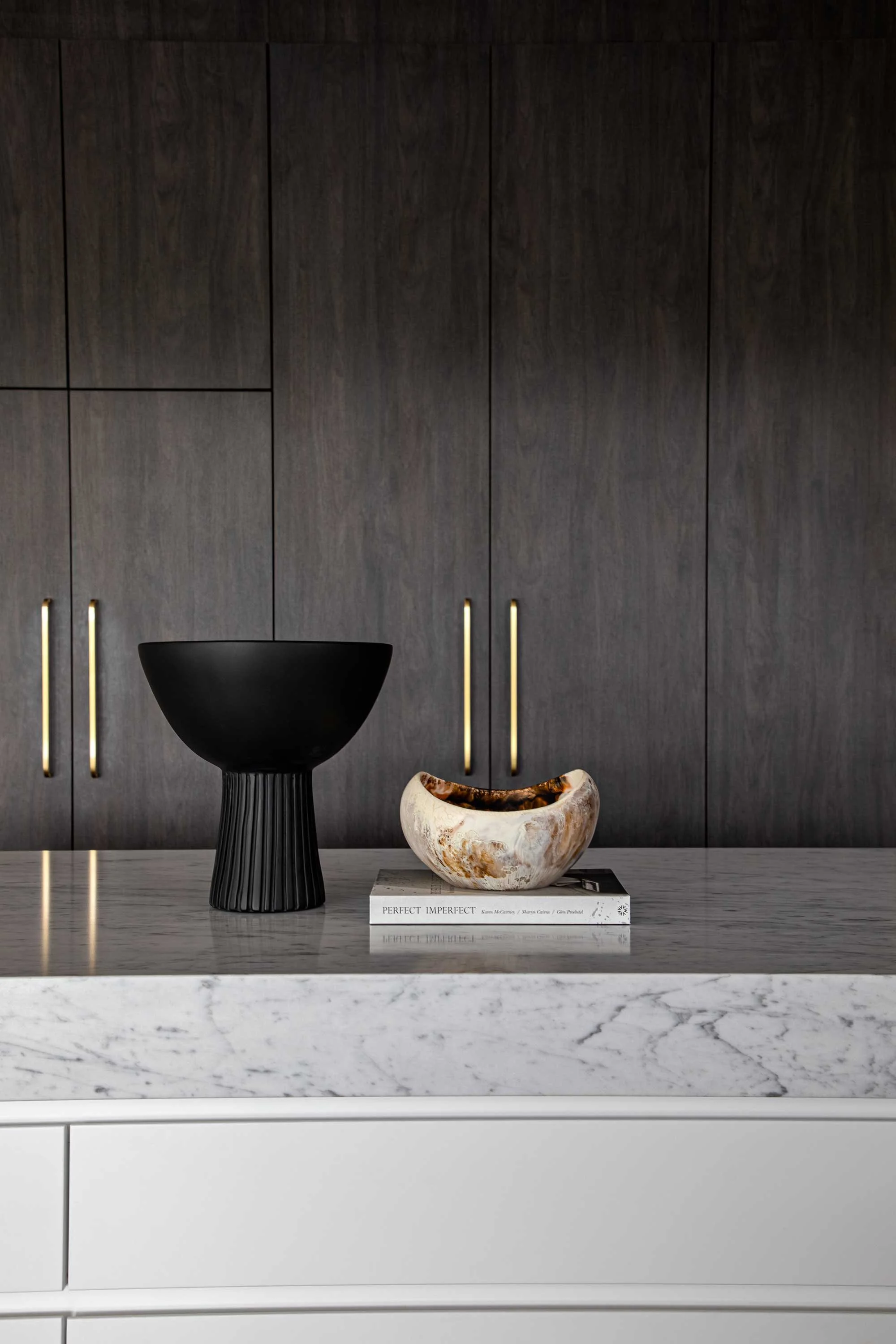 Sydney Designer kitchen island marble top dark kitchen floor to ceiling cupboards
