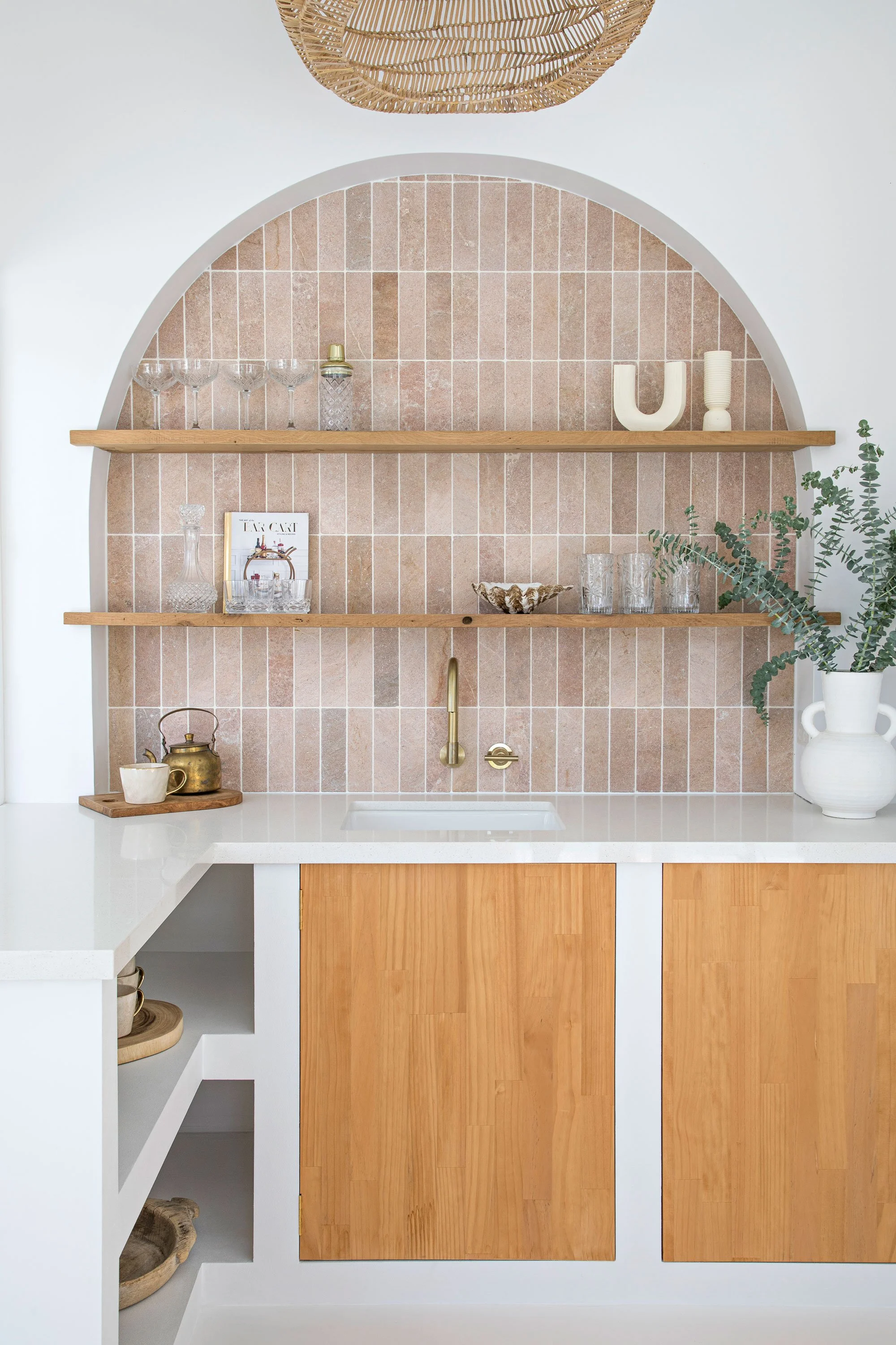 Sydney kitchen space arched recess space shelves white bench top pendant light