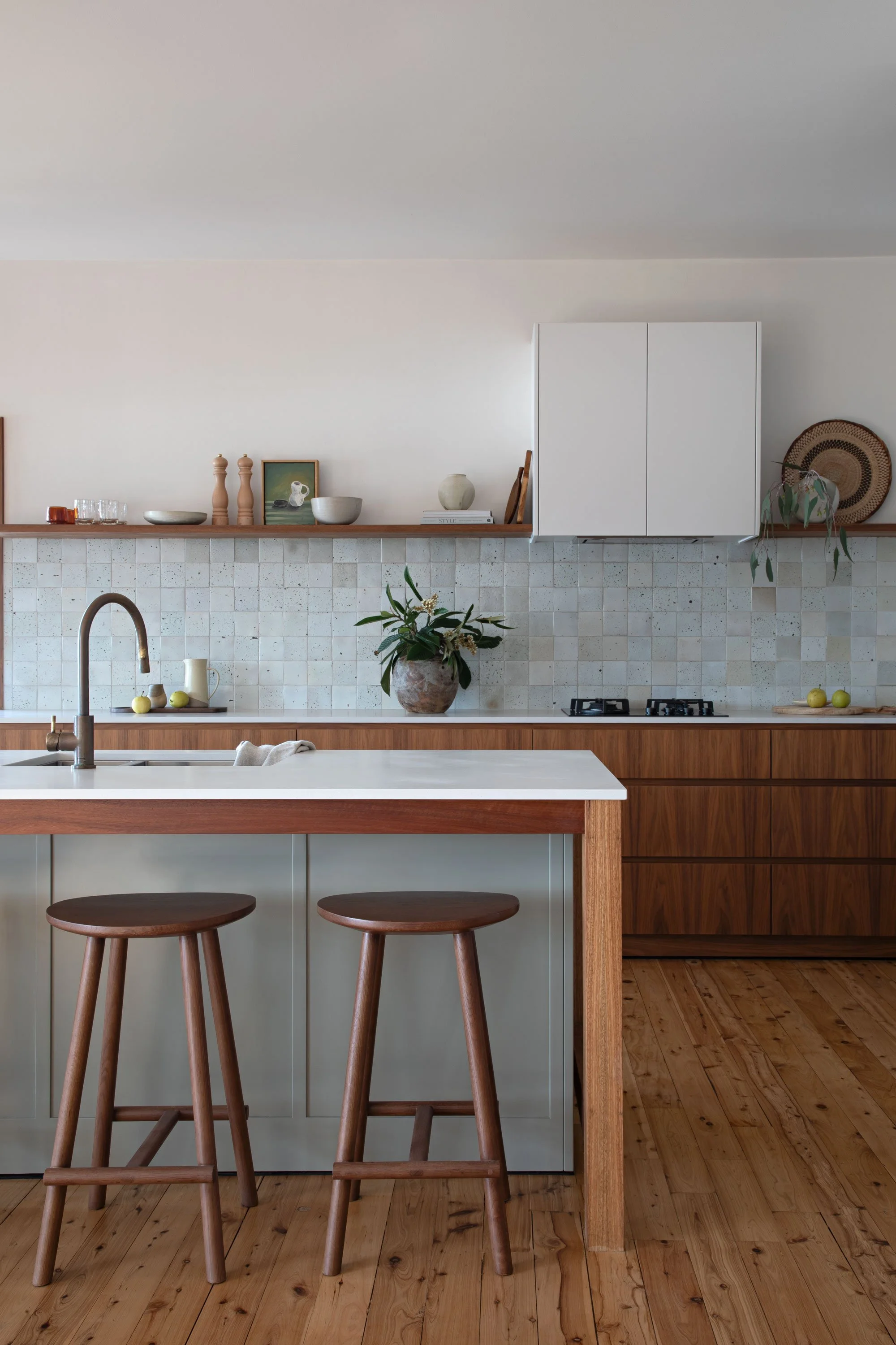 NSW South Coast open kitchen timber framed island white top wood faced cupboards
