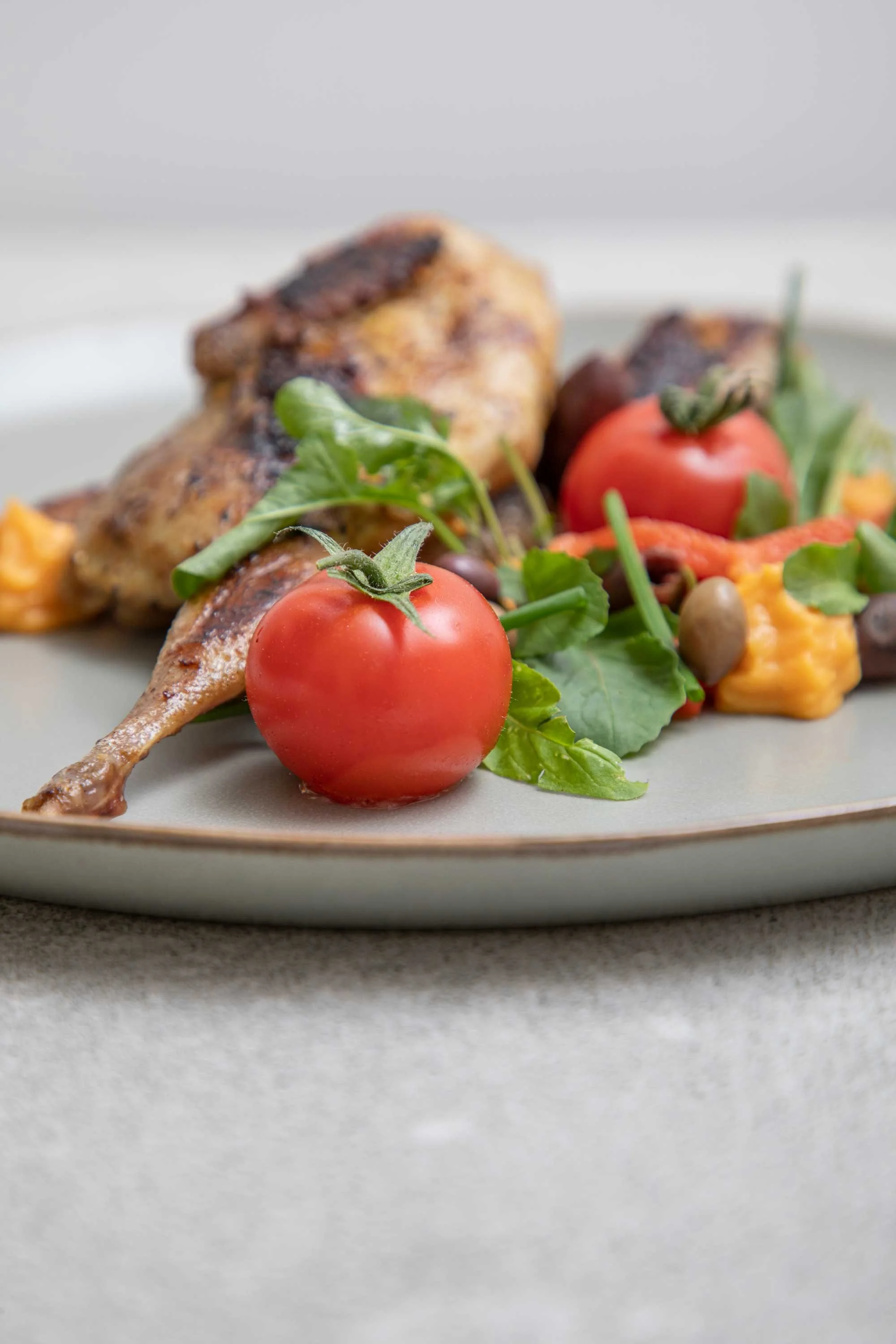 Close-up of a plate with grilled chicken, cherry tomatoes, and mixed greens. The plate is on a gray surface with a plain gray background.