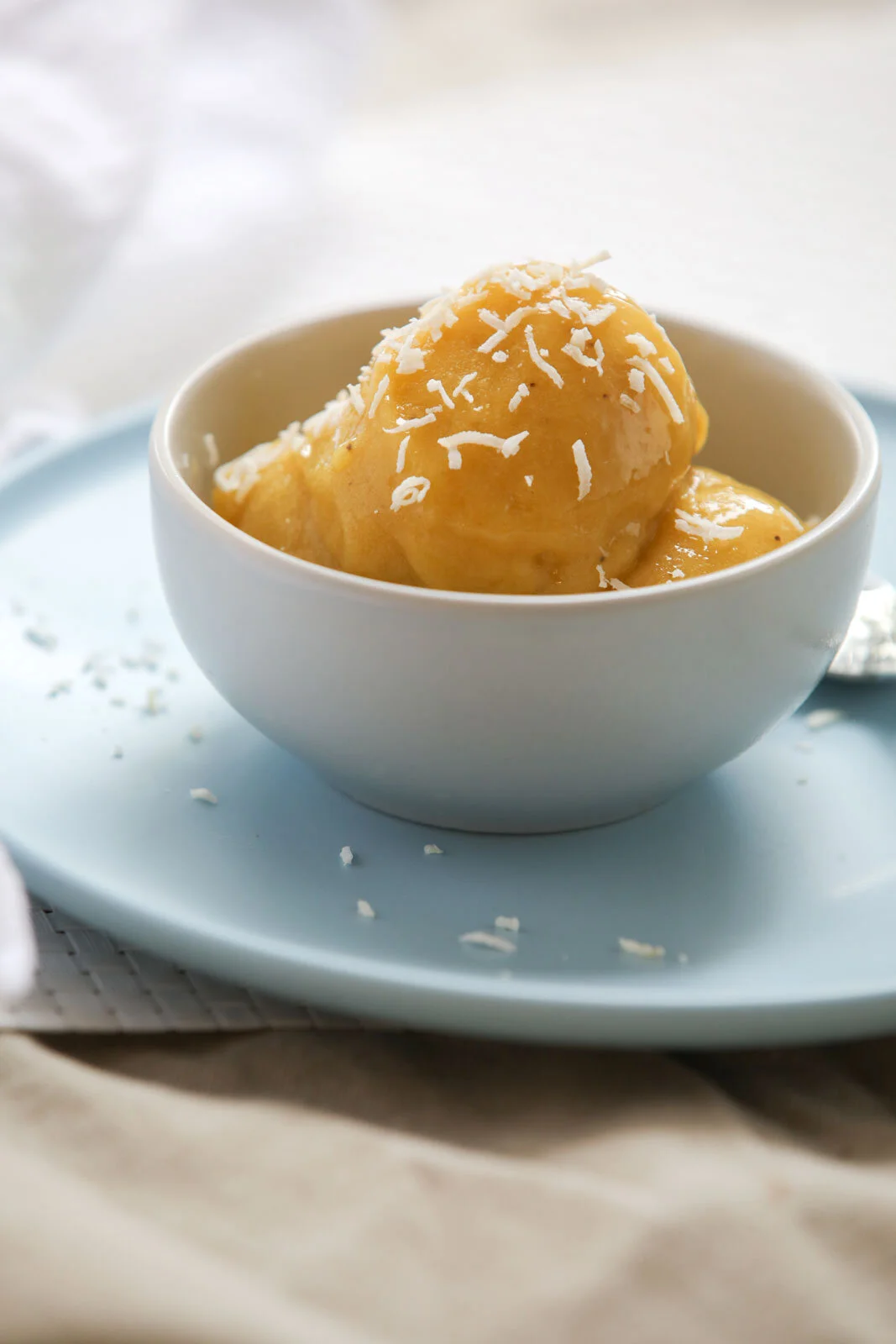 A bowl of vanilla ice cream topped with shredded coconut, placed on a blue plate.