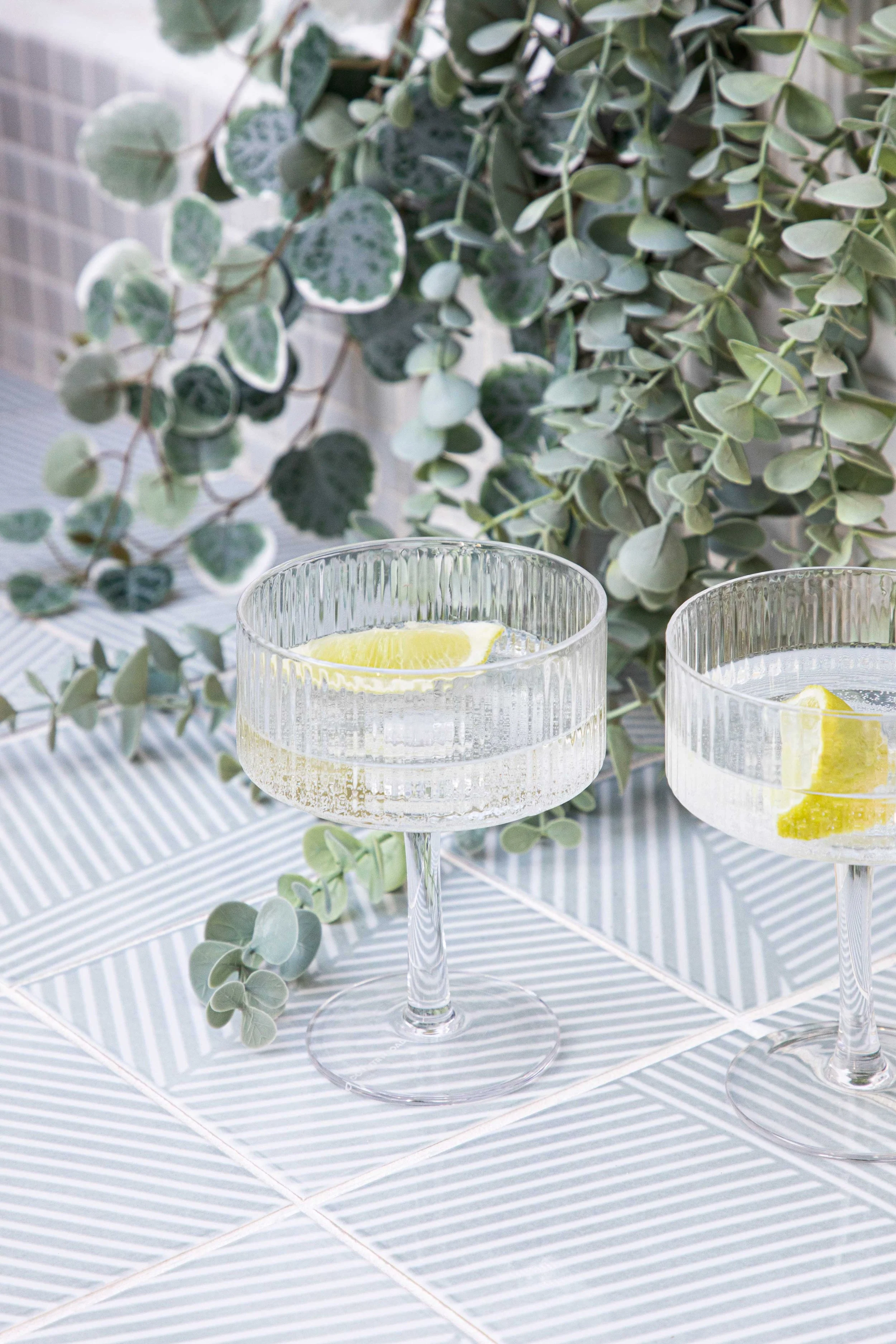 Two glasses of sparkling water with lemon slices on a striped tabletop, decorated with green eucalyptus leaves.