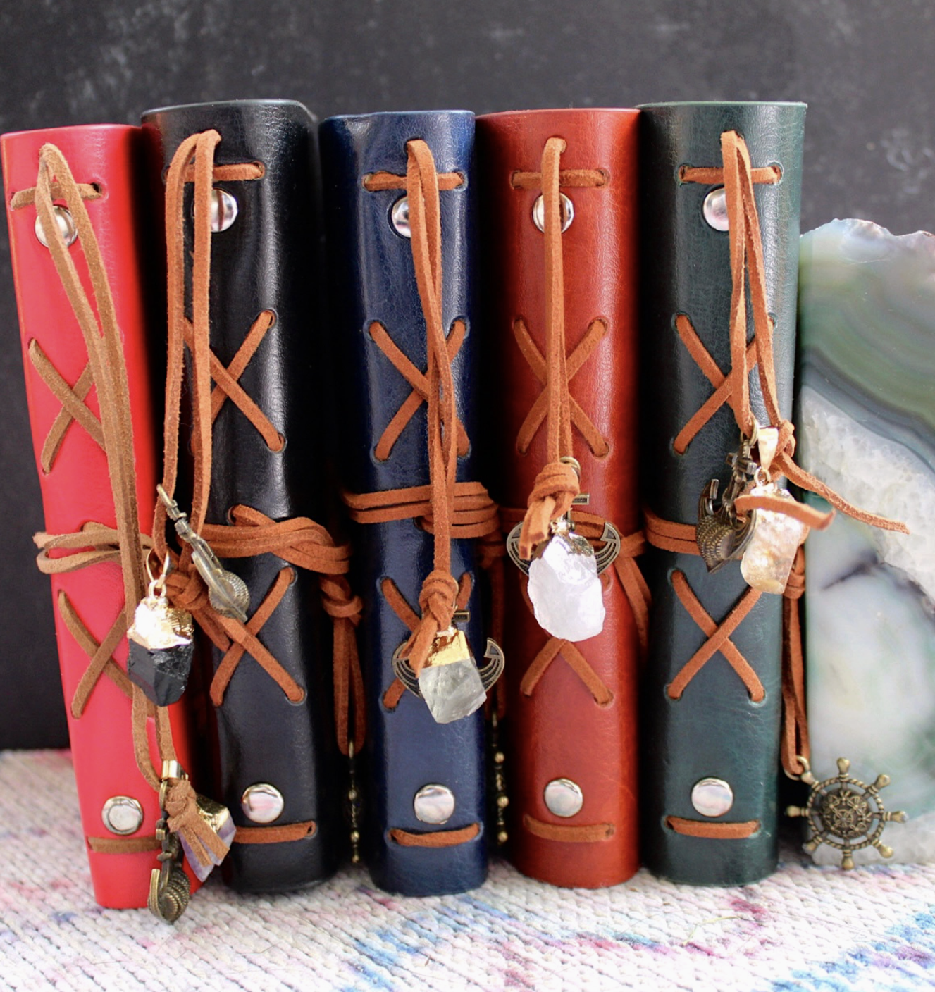 Crystal-Infused Leather Journal with Charm | Altar & Shadow Work Notebook