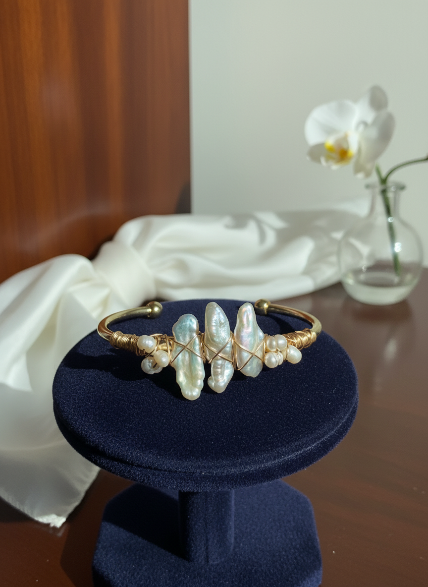 Goddess Pearl Bangle with Cultured Biwa Pearls | 18kt Gold Wire-Wrapped Cuff