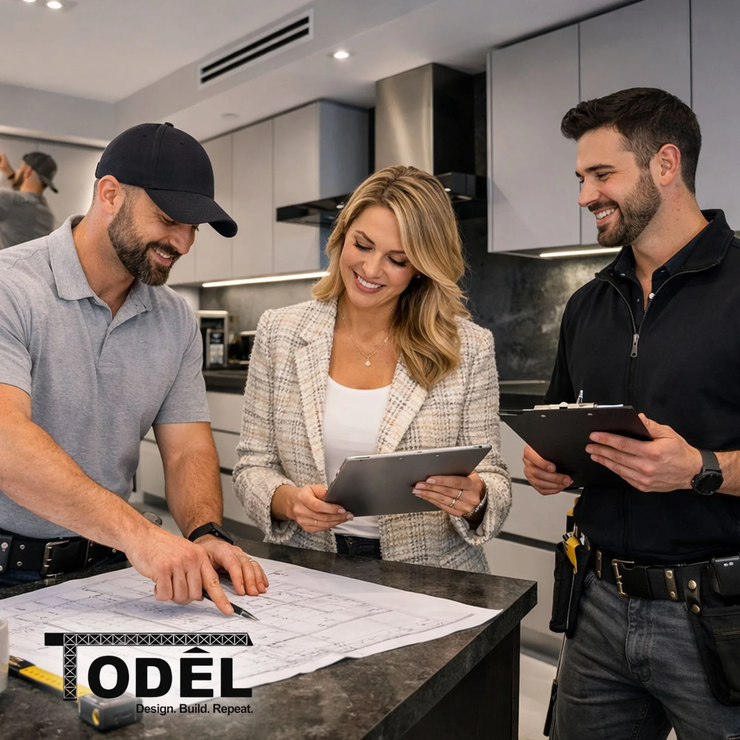 Professional remodeling project management team coordinating work inside a modern home