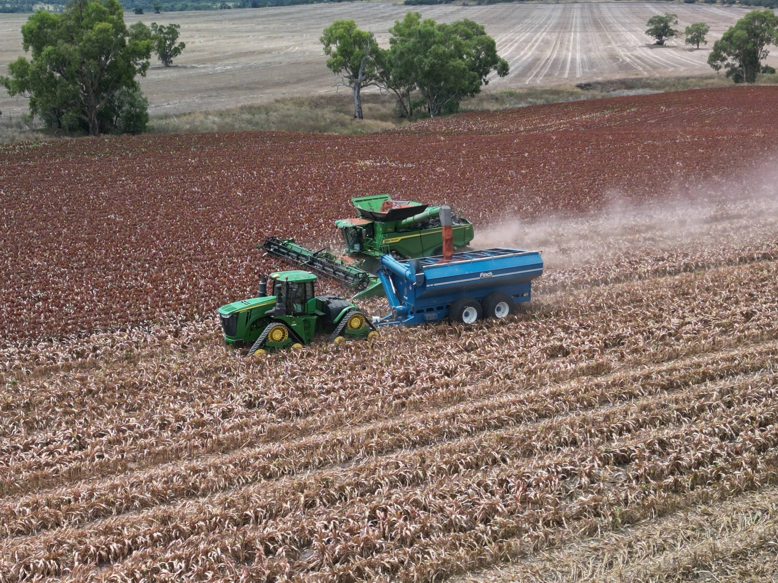 A green tractor harvesting a field of brown crops with a blue grain cart attached, in a rural area with trees and rolling hills in the background.