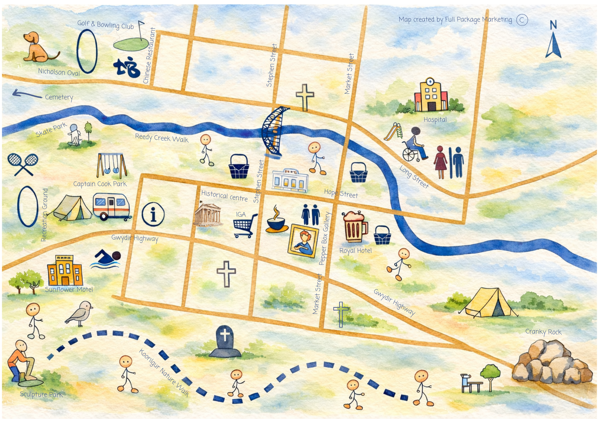 Colorful illustrated map of a town with landmarks such as a cemetery, golf and bowling club, Chinese restaurant, Nicholson Oval, skate park, Captain Cook Park, recreational ground, Sunflower Motel, cultural information center, historical center, IGA, Royal Hotel, Cranky Rock, sculpture park, and nature walk. Streets like Stephen Street, Hope Street, Long Street, Market Street, and Gwydir Highway are marked, along with icons of people, animals, and activities.