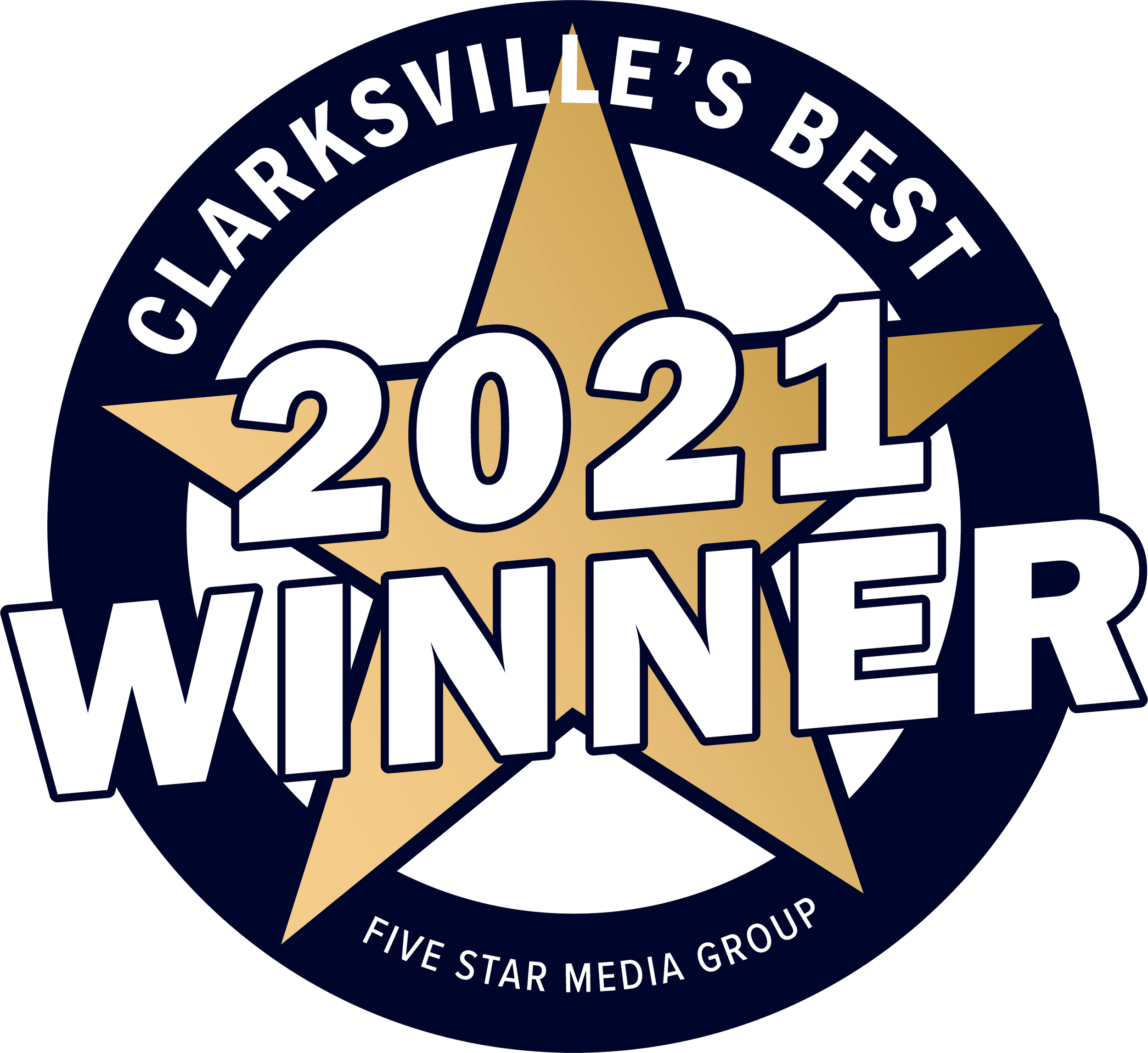 A circular logo with a navy blue border and background, featuring a gold star in the center. The text 'Clarksville's Best' is at the top, 'Five Star Media Group' at the bottom, with '2021 WINNER' prominently over the star.