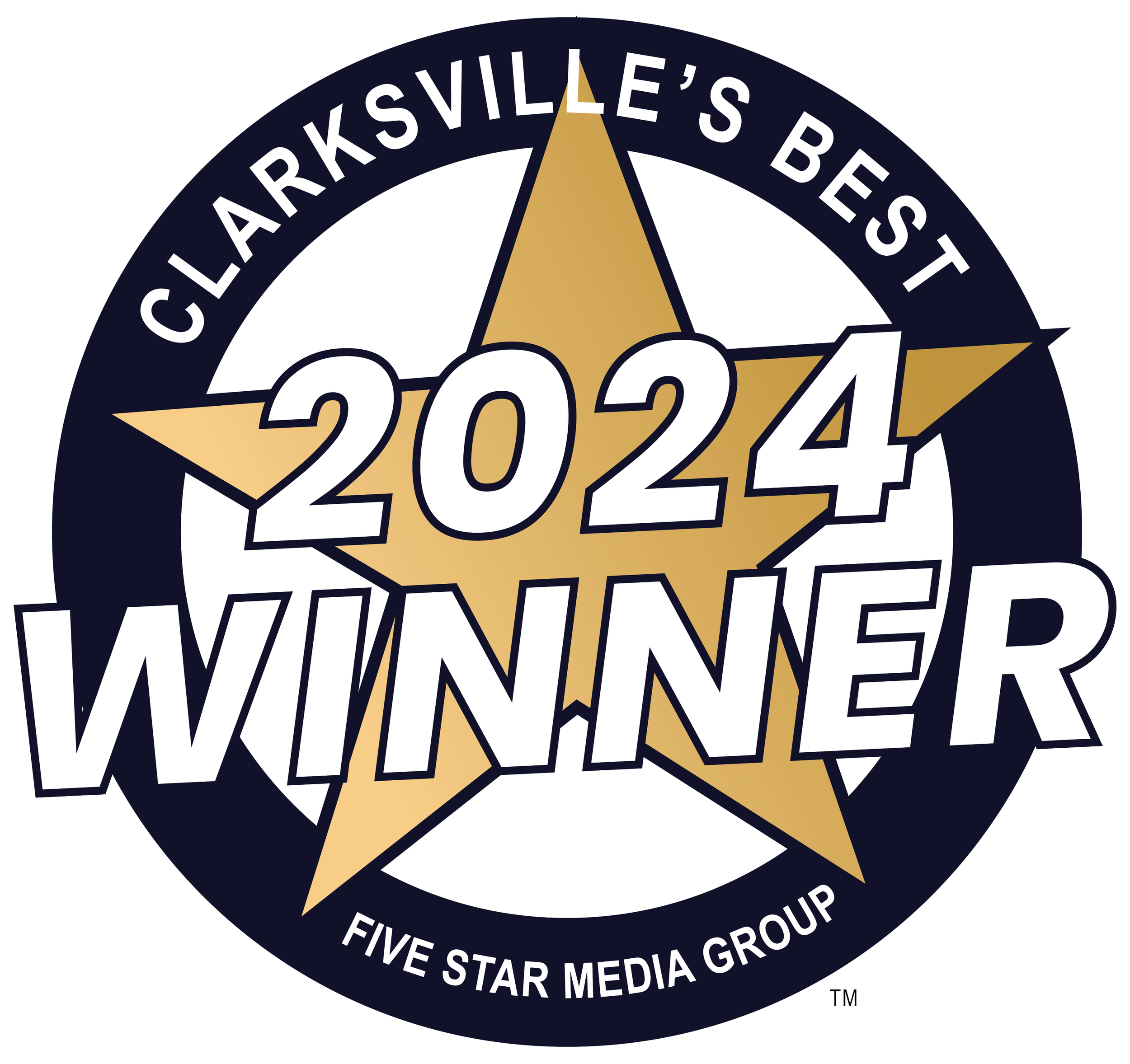 A circular badge with a gold star in the center and black surrounding it. The text at the top reads 'Clarksville's Best,' and at the bottom, it reads 'Five Star Media Group.' The large white text in the middle says '2024 Winner.'