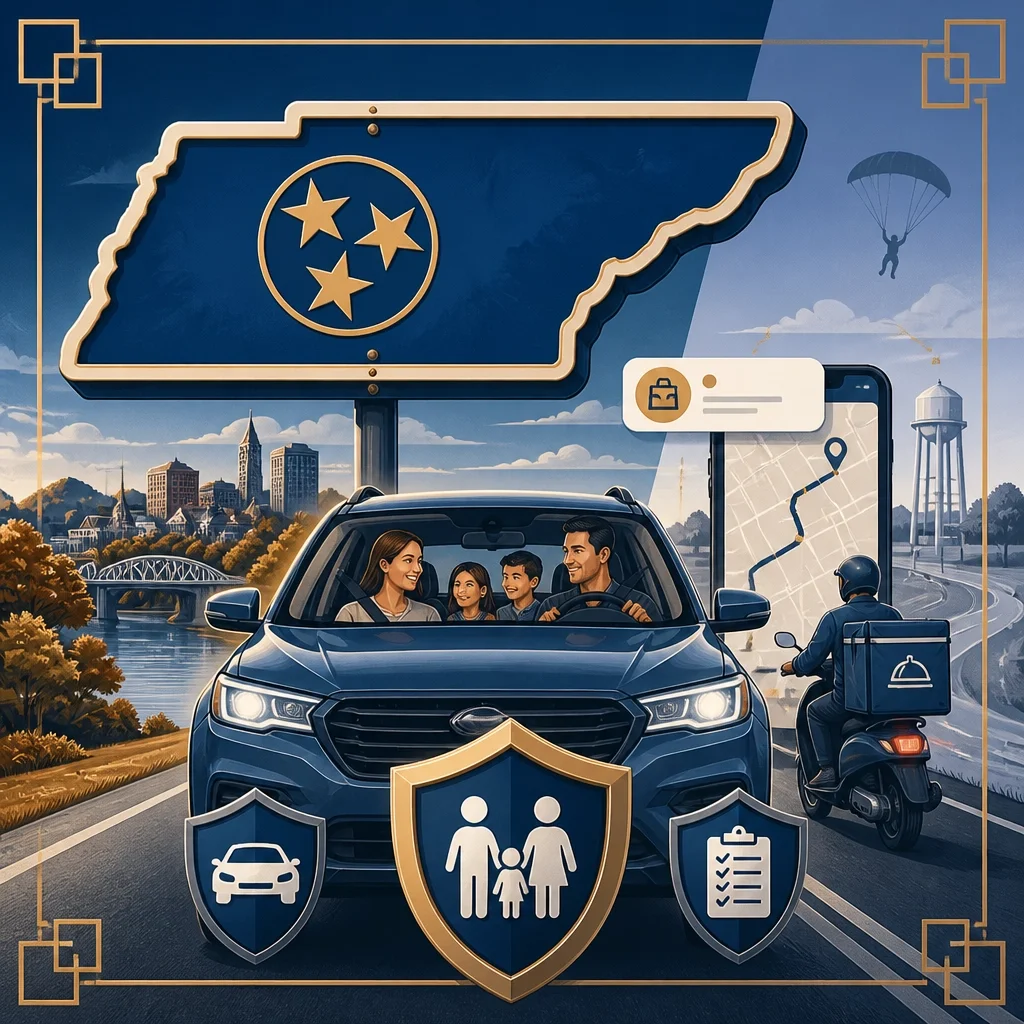 A family in a car with a Tennessee license plate driving in an urban area with a city skyline, lake, and a person riding a scooter. The scene includes symbols of insurance, a map with route, and family protection shields.