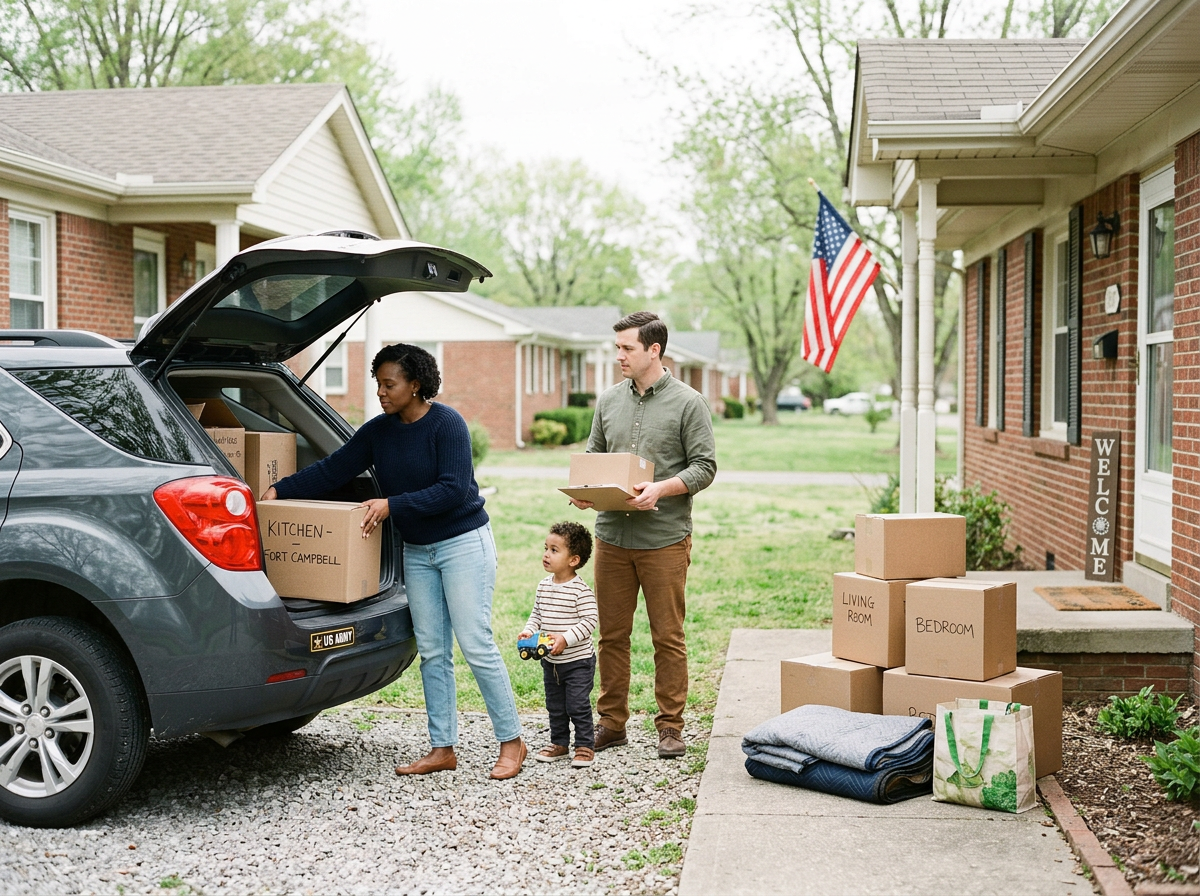 A family is moving into a new home, unloading boxes from a car parked in front of a brick house with a welcome sign and American flag. The woman is carrying a box labeled 'Kitchen - Fort Campbell', the man is holding a box, and a small child is playing nearby with a toy truck.