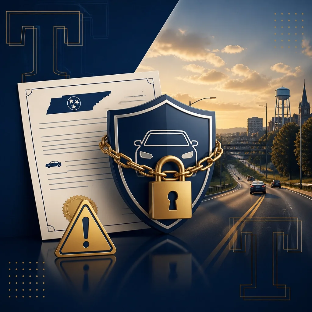 A digital illustration depicting car insurance concepts, with a shield and chain, a car policy document with the Tennessee state outline, a warning sign with an exclamation mark, and a cityscape background of a highway during sunset.