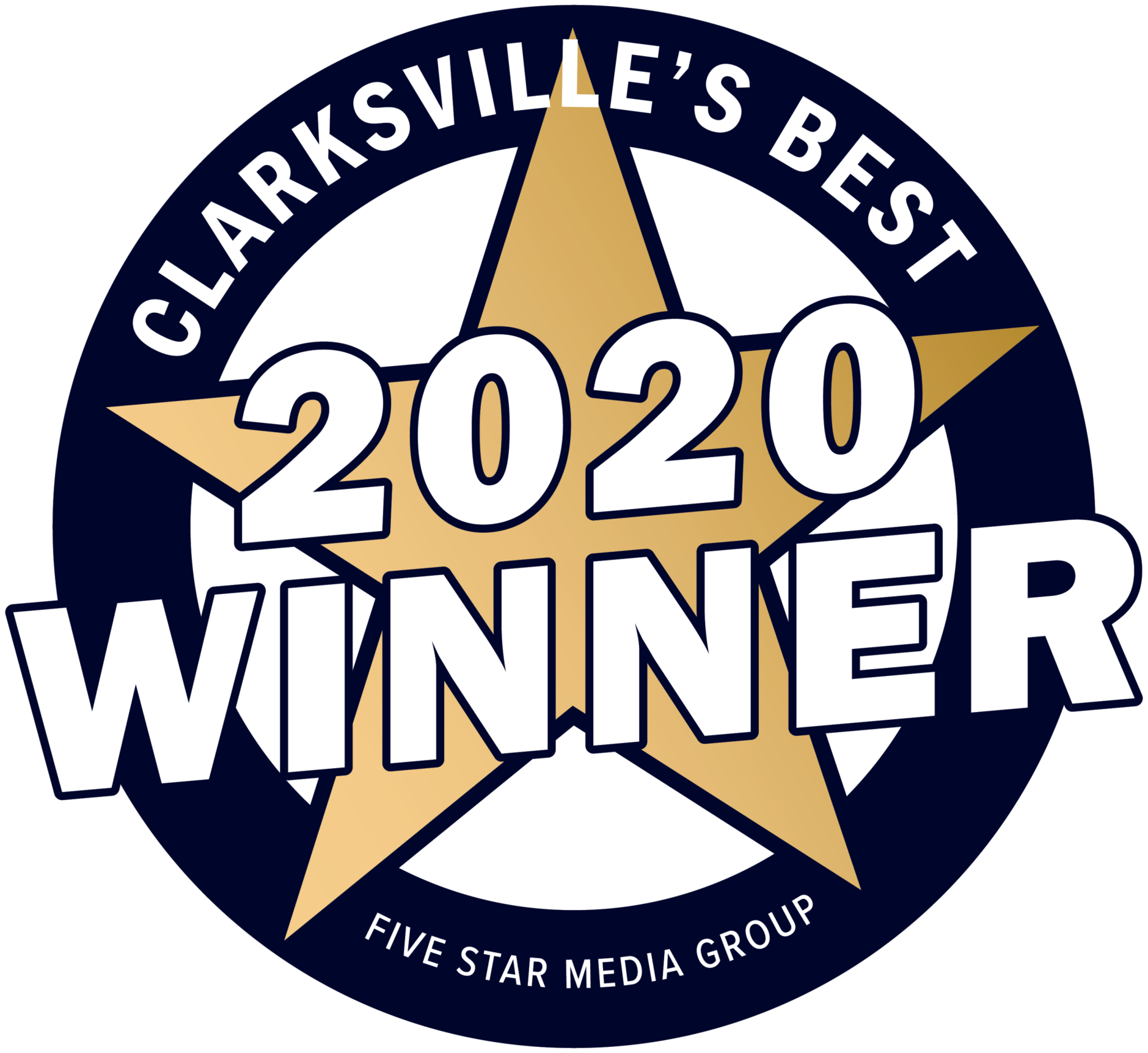 A badge with a gold star in the center. The text reads 'Clarksville's Best 2020 Winner' with 'Winner' in large white letters. Around the circle, 'Five Star Media Group' is written.