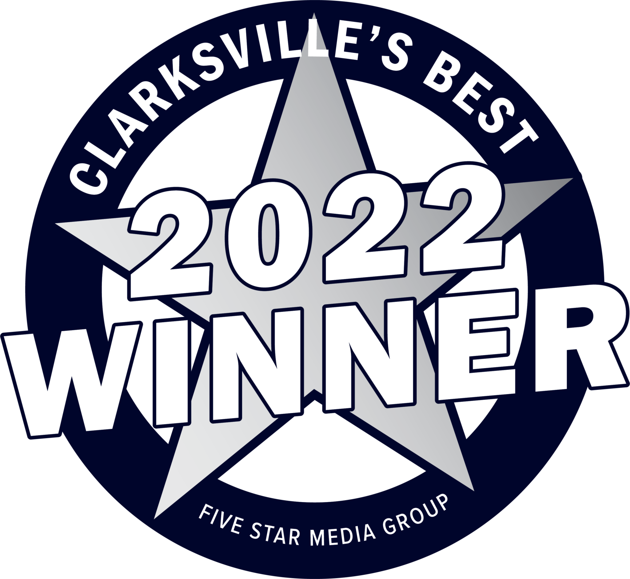 A circular badge with a star in the center. The text reads "Clarksville's Best 2022 Winner" with "Five Star Media Group" at the bottom.