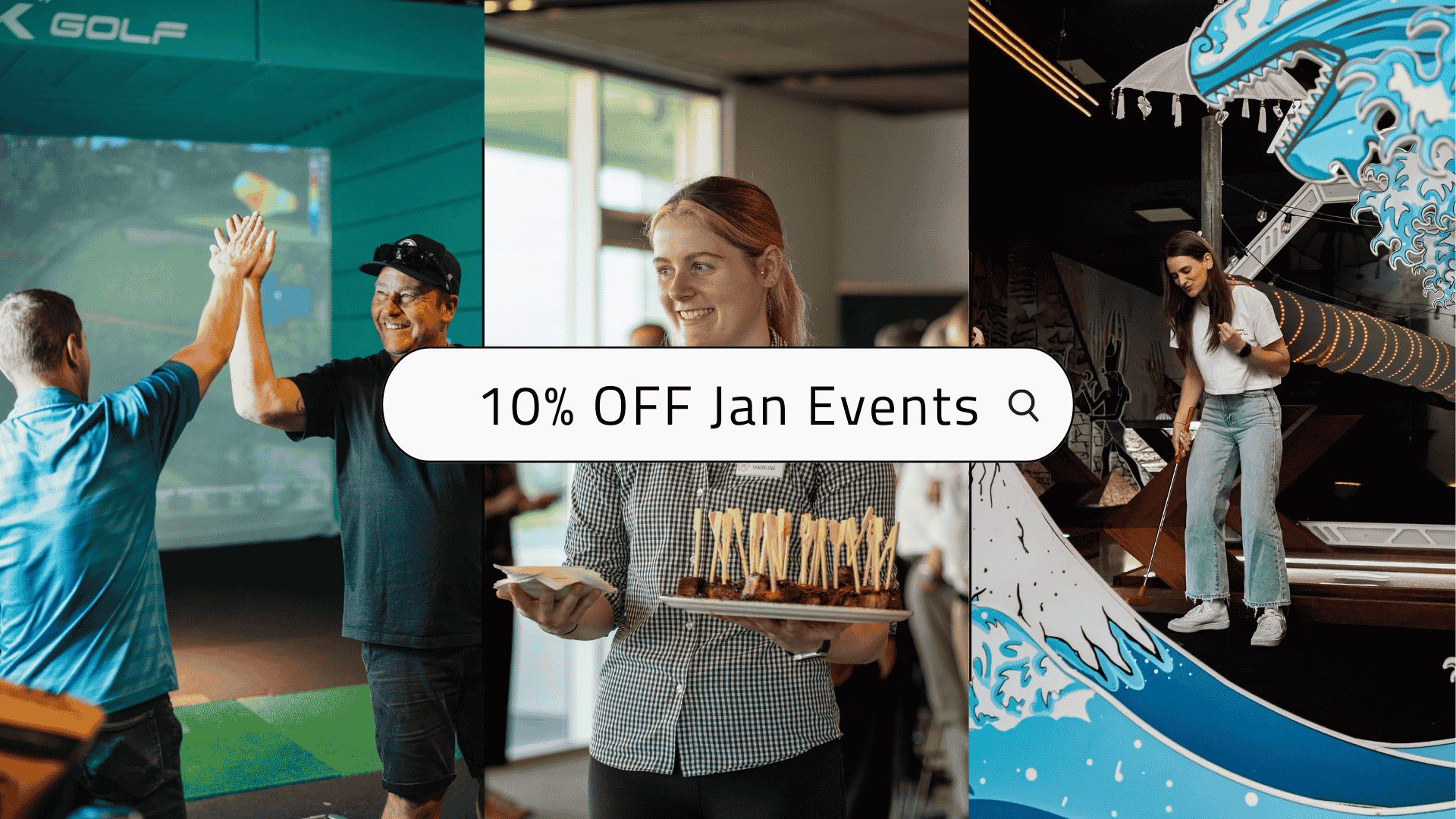 people enjoying golf, dinner and mini golf events