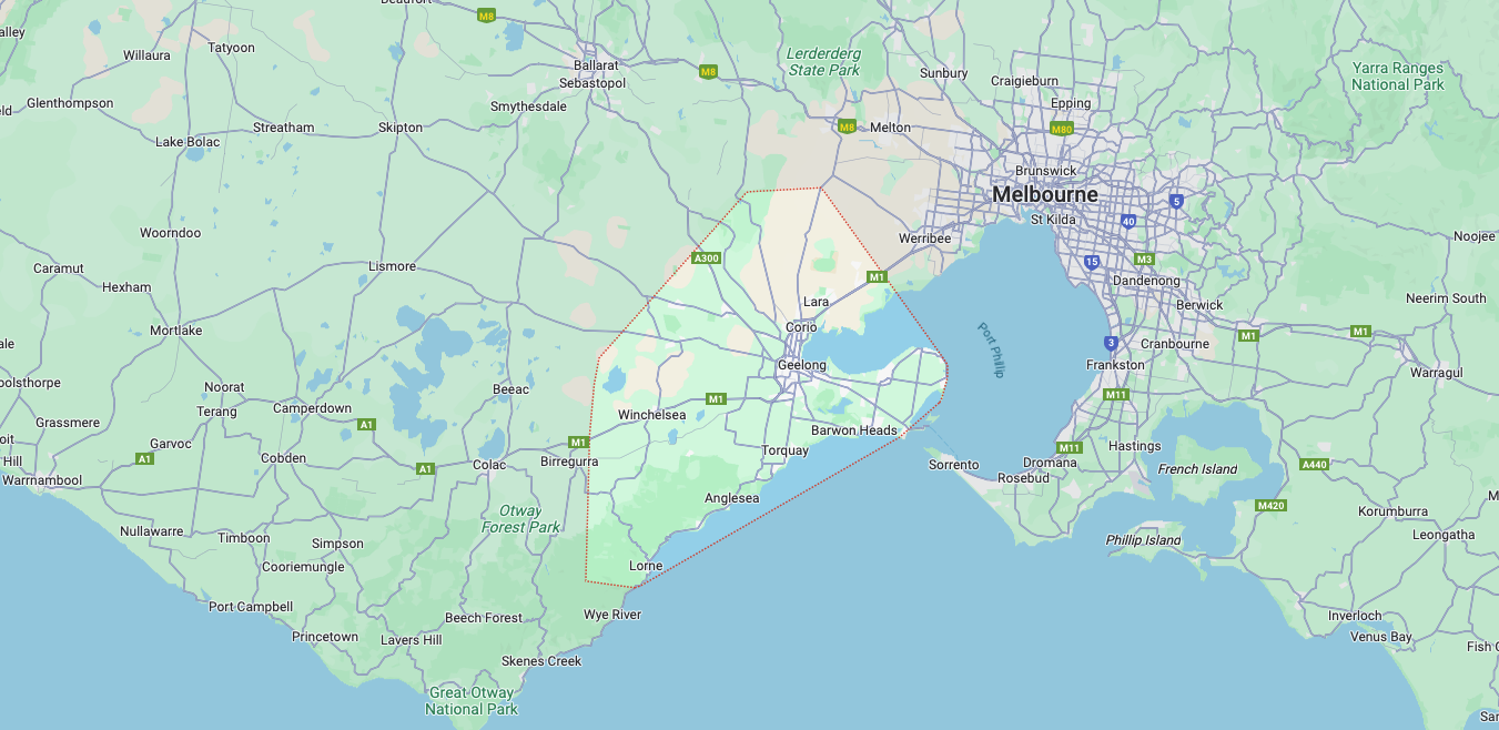 Map showing Cacca Concrete Solutions' Geelong and surrounding service area across the Bellarine Peninsula and Greater Melbourne region