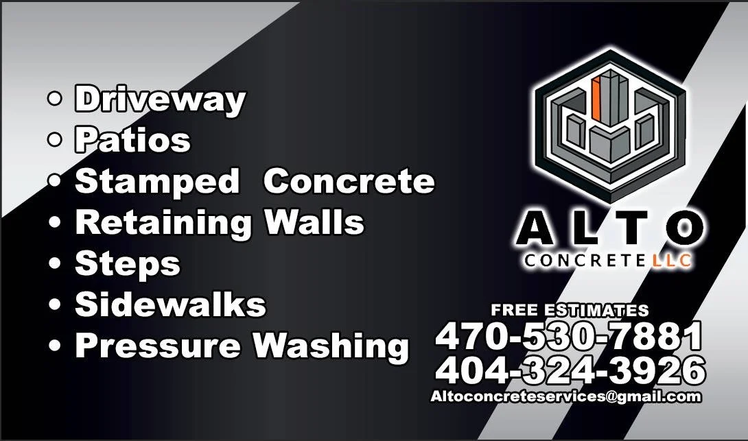 Business card for Alto Concreter LLC listing services such as driveway, patios, stamped concrete, retaining walls, steps, sidewalks, and pressure washing with contact information.