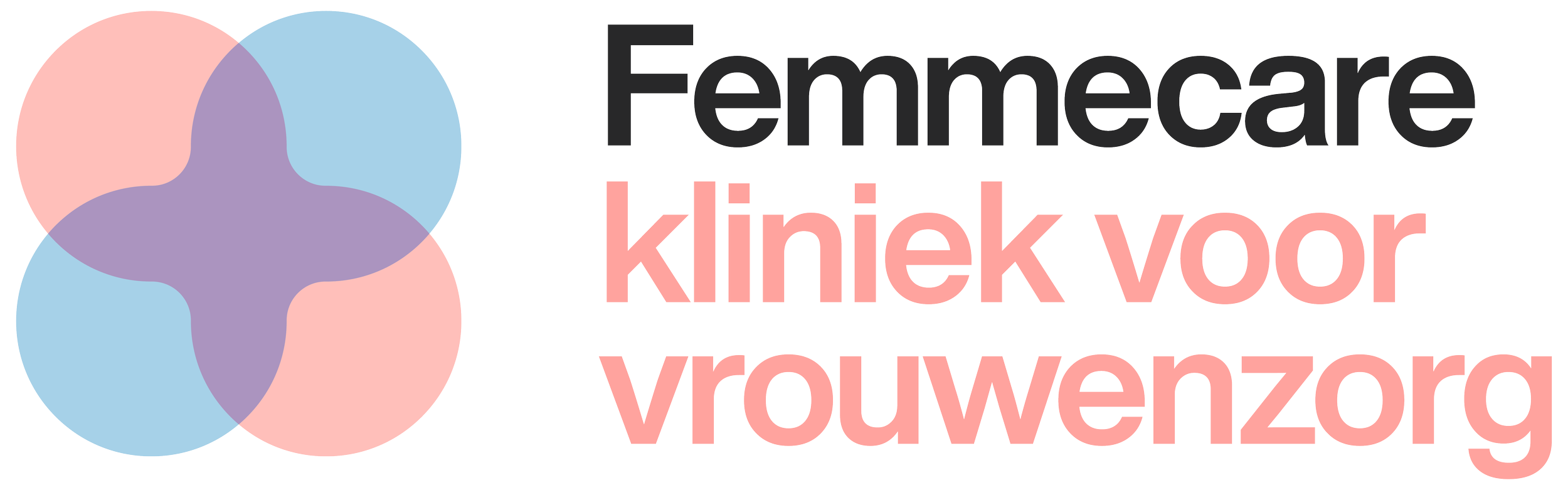Logo met tekst: 'FemmaCare kliniek voor vrouwenzorg' naast een circulair ontwerp met vier gekleurde overlappende cirkels in roze, blauw, en paars.