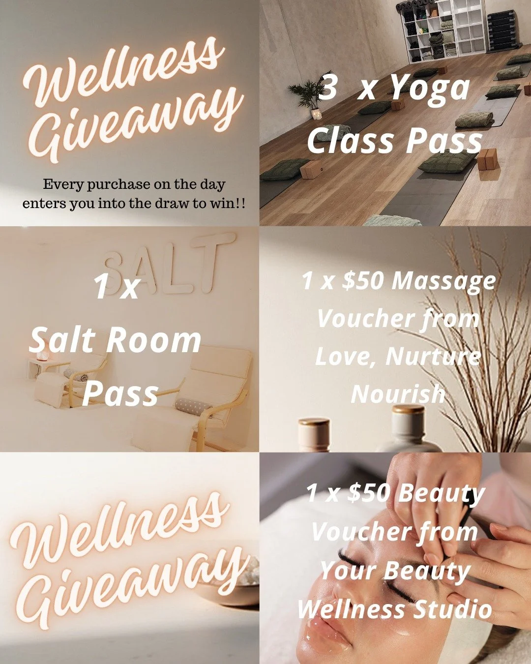 We&rsquo;re celebrating our Grand Opening with a Wellness Giveaway!
You could win a bundle of experiences from Your Harmony &amp; Wellness Hub, Your Beauty &amp; Wellness Studio and Love, Nurture Nourish.
Every purchase on our opening day goes into t