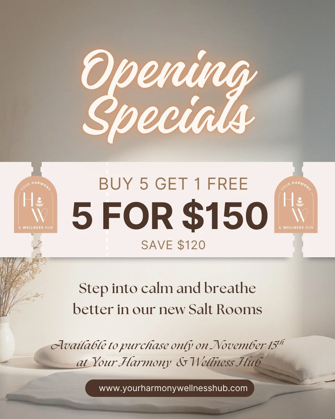 Step into calm with our opening offer &mdash; Buy 5 Salt Room sessions for $150 (save $120).
Relax, breathe, and experience the benefits of salt therapy at the Hub.
www.yourharmonywellnesshub.com

#YourHarmonyWellnessHub #SaltTherapy #OpeningSpecial 