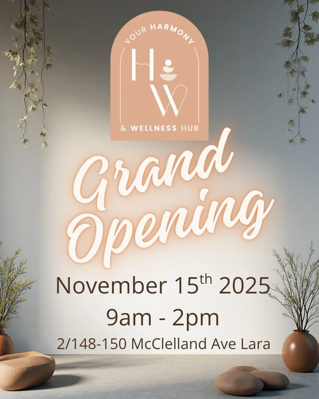 It&rsquo;s almost time to celebrate!
We&rsquo;re beyond excited to welcome you to the Grand Opening of Your Harmony &amp; Wellness Hub.
Join us Saturday 15th November, 9am&ndash;2pm &mdash; connection, wellness and good vibes await.
www.yourharmonywe