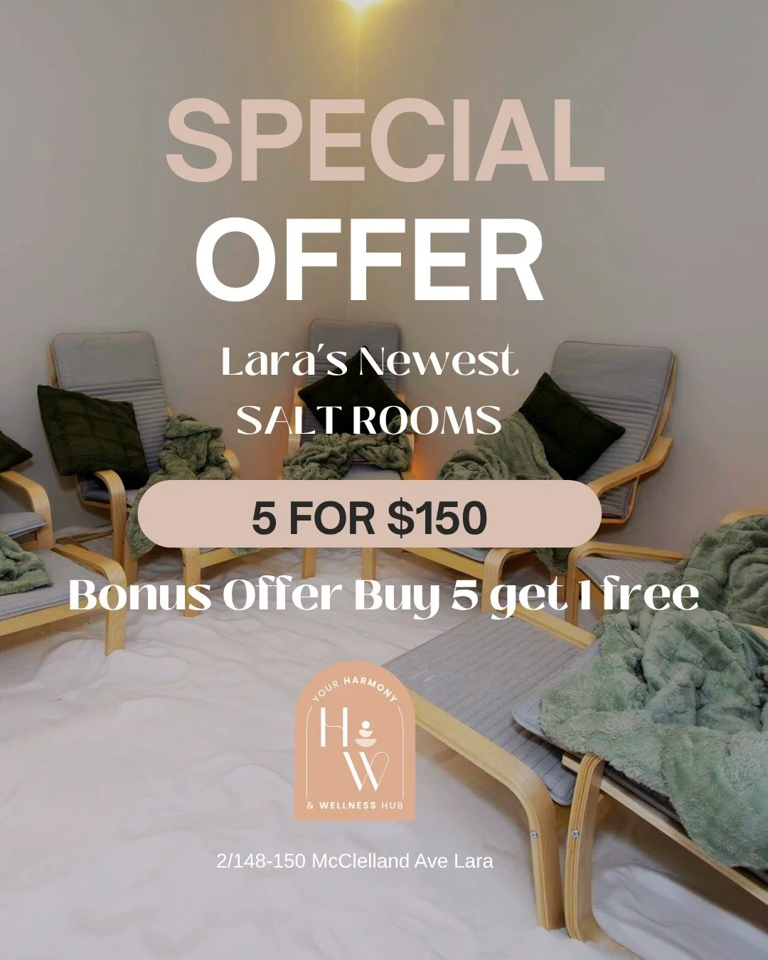 Welcome to Lara's newest Salt Room Salt Rooms are here.

Enjoy 5 sessions for $150 &mdash; and we&rsquo;ll give you 1 bonus session FREE!

Breathe easier, relax deeper, and feel the benefits of our beautiful salt rooms.
Perfect for anyone needing a l